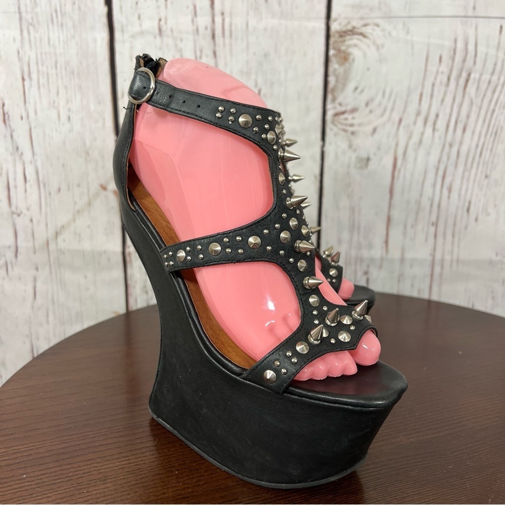 JEFFREY CAMPBELL CONTAIN Studded Black leather heelless platform sandals 7 EUC - Picture 14 of 17